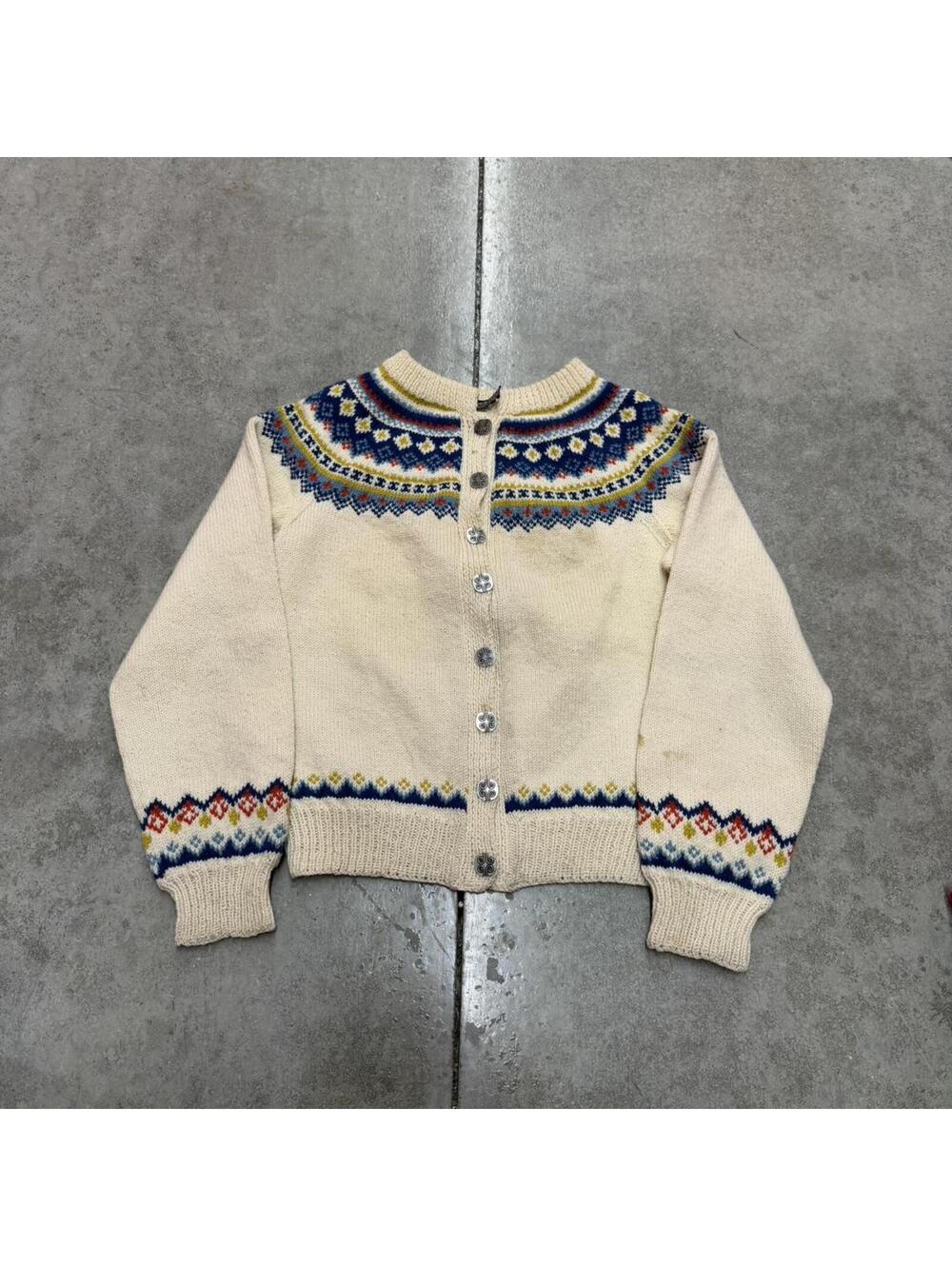 vintage beige blue and white button down knit cardigan sweater size small WOMENS - Picture 1 of 3